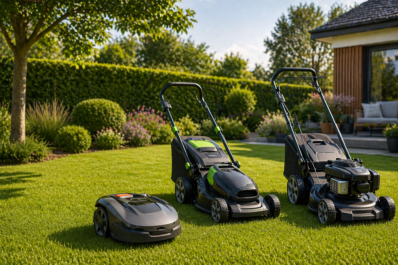 moderne grasmaaiers in een groene tuin in 2026
